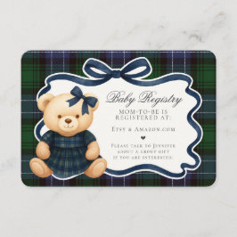 Preppy Coquette Bow Bear Plaid Baby Registry Card Begleitkarte