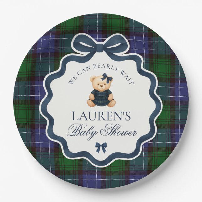 Preppy Coquette Bow Bear Plaid Baby Shower  Pappteller (Vorderseite)