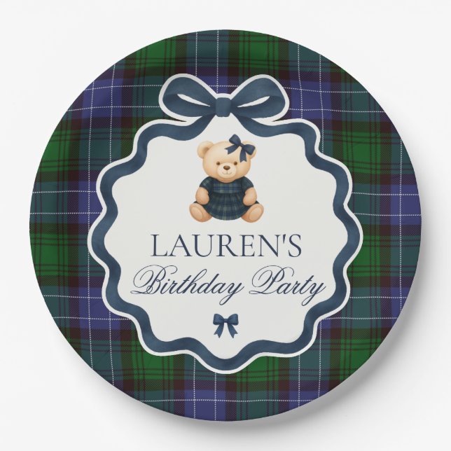 Preppy Coquette Bow Bear Plaid Birthday  Pappteller (Vorderseite)