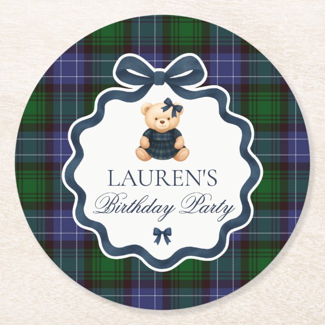 Preppy Coquette Bow Bear Plaid Birthday  Runder Pappuntersetzer (Vorderseite)