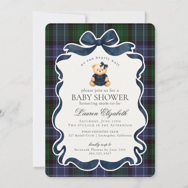 Preppy Coquette Bow Bear Tartan Plaid Baby Shower Einladung (Vorderseite)