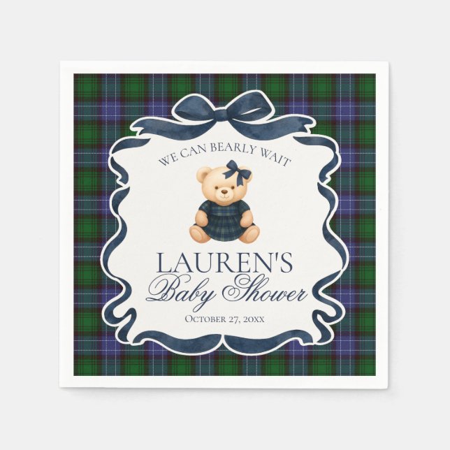 Preppy Coquette Bow Bear Tartan Plaid Baby Shower Serviette (Vorderseite)