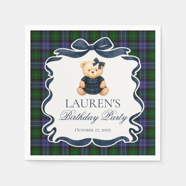 Preppy Coquette Bow Bear Tartan Plaid Birthday Serviette (Vorderseite)