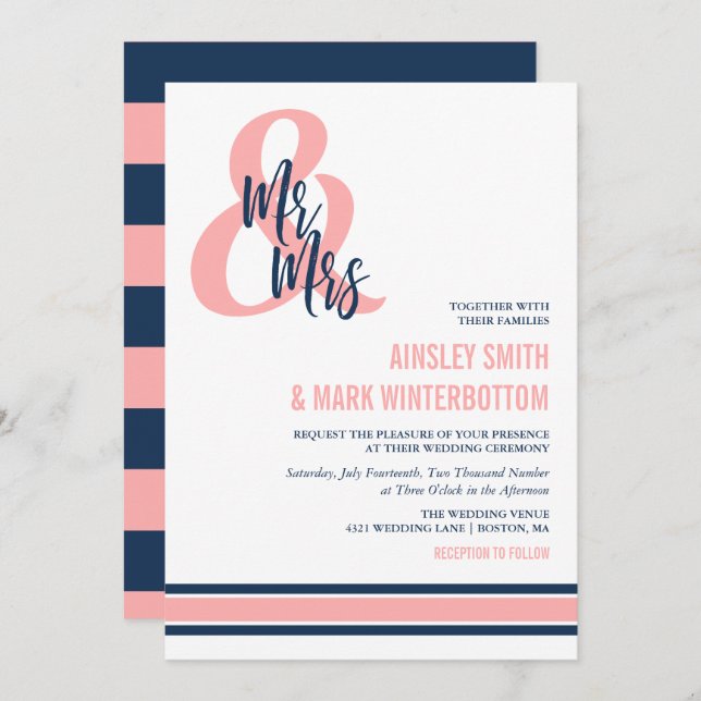 Preppy Coral & Navy Mr & Mrs. Wedding Einladung (Vorne/Hinten)