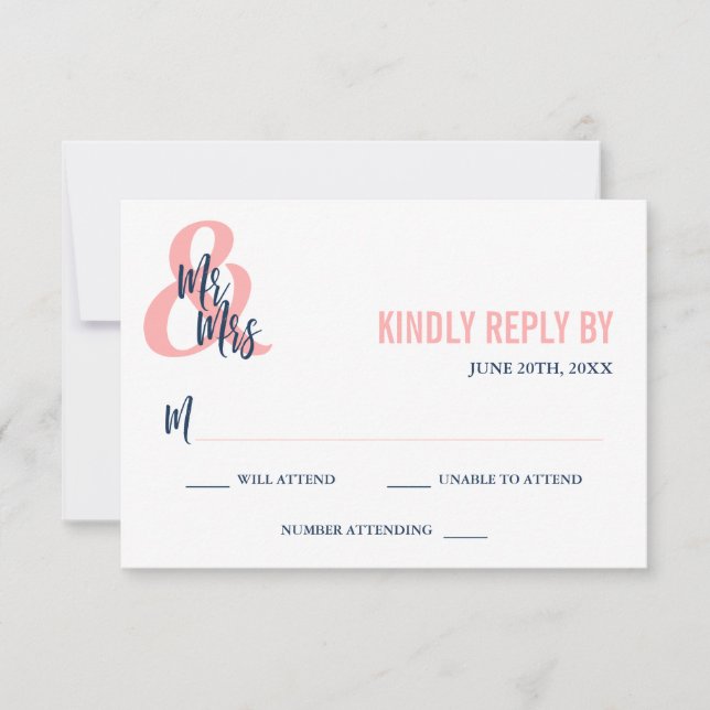 Preppy Coral & Navy Mr & Mrs. Wedding RSVP (Vorderseite)