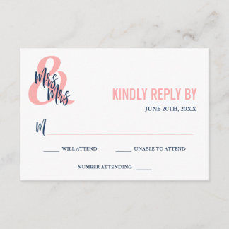Preppy Coral & Navy Mrs & Mrs. Wedding RSVP Karte