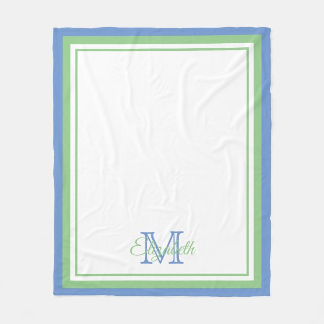Preppy Cornflower Blue und Sage Green Monogram Fleecedecke (Vorderseite)