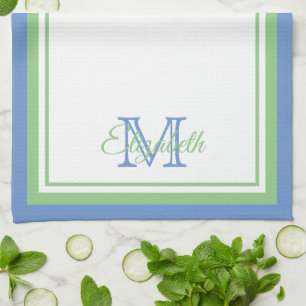 Preppy Cornflower Blue und Sage Green Monogram Geschirrtuch