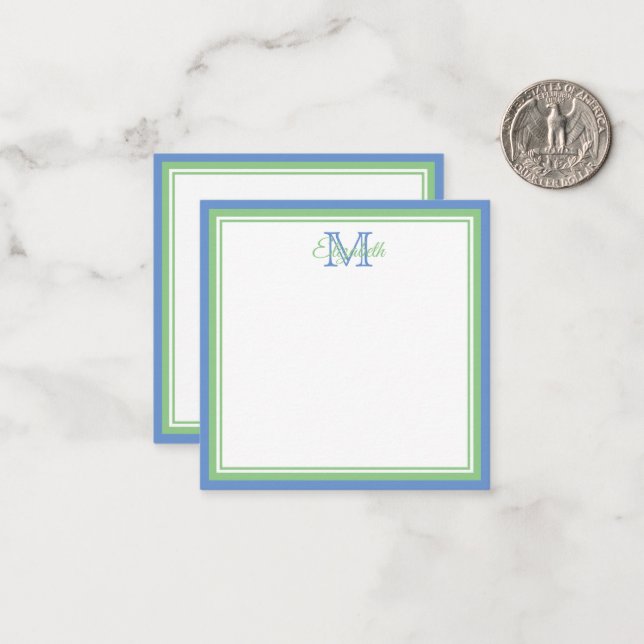 Preppy Cornflower Blue und Sage Green Monogram Mitteilungskarte (Vorderseite/Rückseite Beispiel)