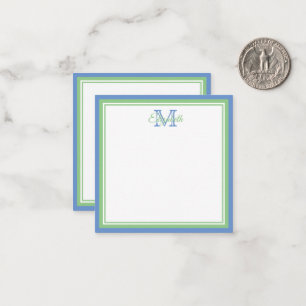 Preppy Cornflower Blue und Sage Green Monogram Mitteilungskarte