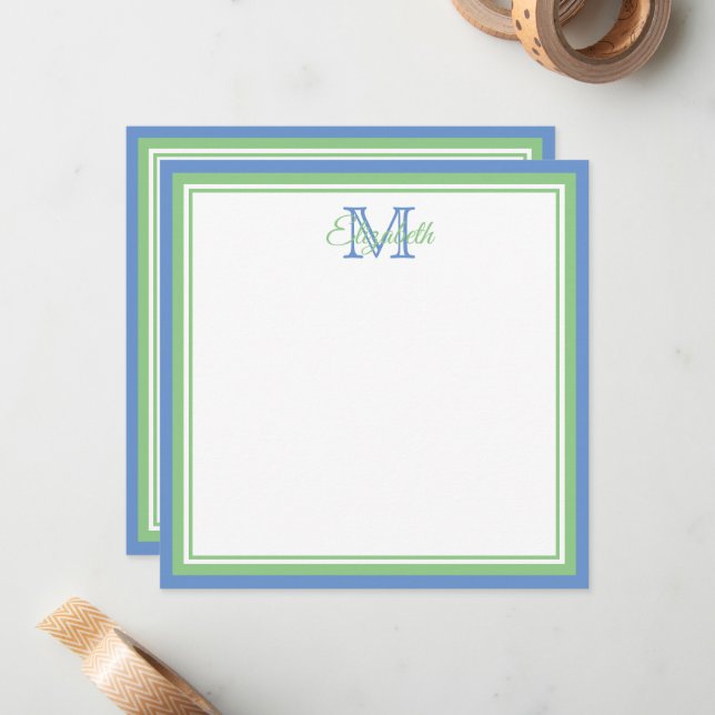 Preppy Cornflower Blue und Sage Green Monogram Mitteilungskarte (Vorderseite/Rückseite Beispiel)