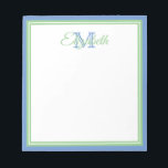 Preppy Cornflower Blue und Sage Green Monogram Notizblock<br><div class="desc">Personalisieren Sie dieses zarte,  weiche schlaue,  grüne,  blaue und weiße Monogramm Notizblock mit Ihrer Wahl des Namens und des Initials.</div>