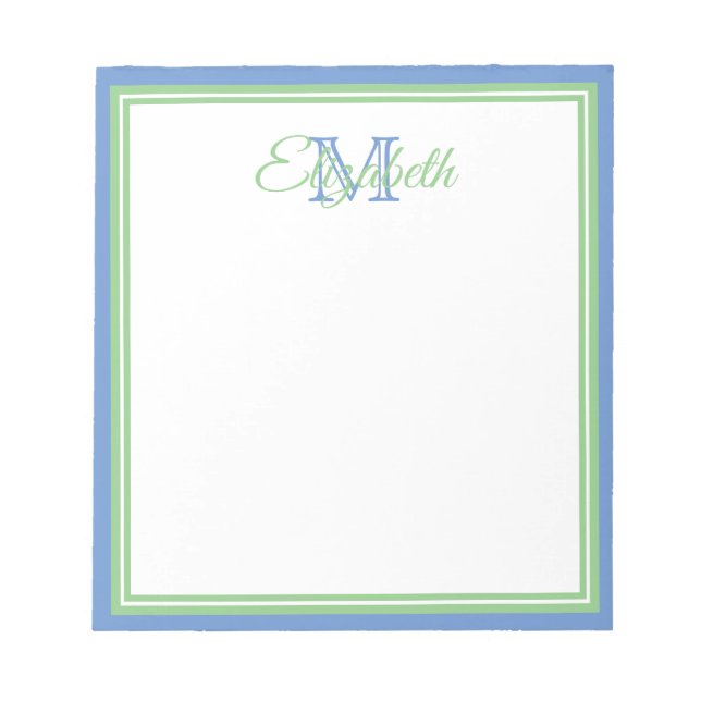 Preppy Cornflower Blue und Sage Green Monogram Notizblock (Vorderseite)