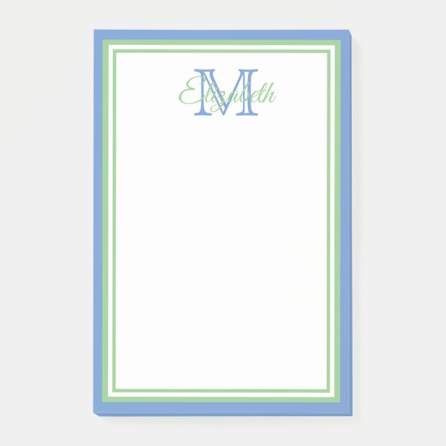 Preppy Cornflower Blue und Sage Green Monogram Post-it Klebezettel (Vorderseite)