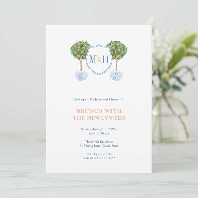 Preppy Couples Monogram NewlyWeds Brunch-Party Einladung (Stehend Vorderseite)