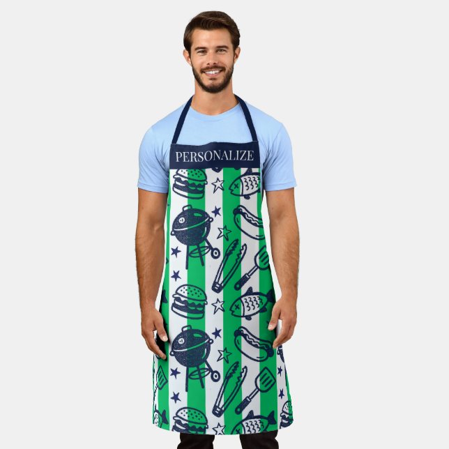 Preppy Dad Grilling Pattern – BBQ Doodles (Stripe) Schürze (Getragen)
