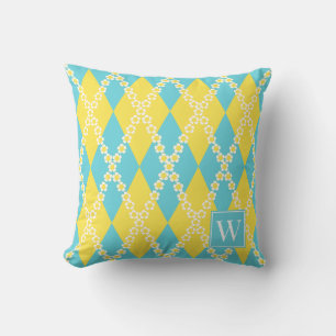 Preppy Daisy Argyle – Gelb & Türkis Monogramm Kissen