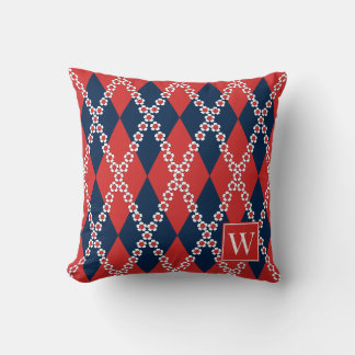 Preppy Daisy Argyle – Rot Weiß & Marineblau Monogr Kissen