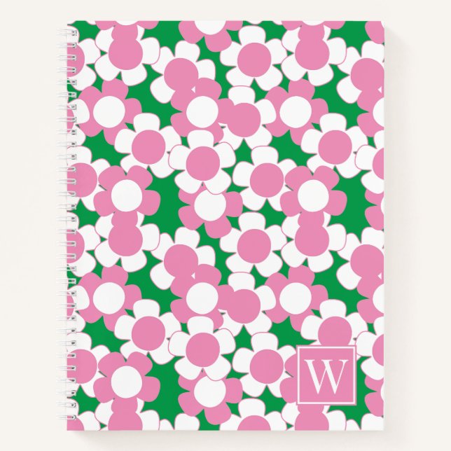 Preppy Daisy Bloom – Rosa und grünes Monogramm Notizbuch (Vorderseite)