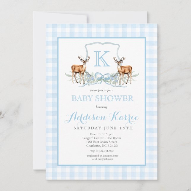 Preppy Deer Gingham Wappen Baby Shower Einladung (Vorderseite)
