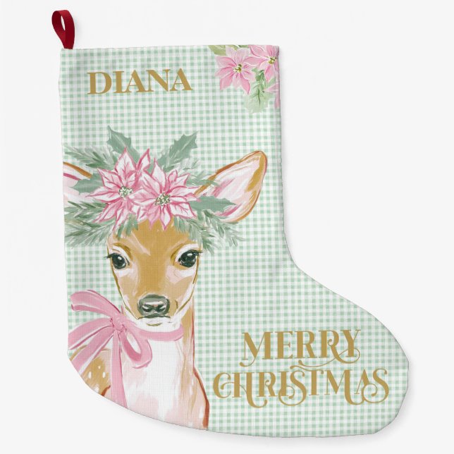 Preppy Deer & Green Gingham  Großer Weihnachtsstrumpf (Vorderseite)
