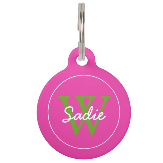 Preppy Diva Pink und Green Apple Monogram Tiernamensmarke (Vorderseite)