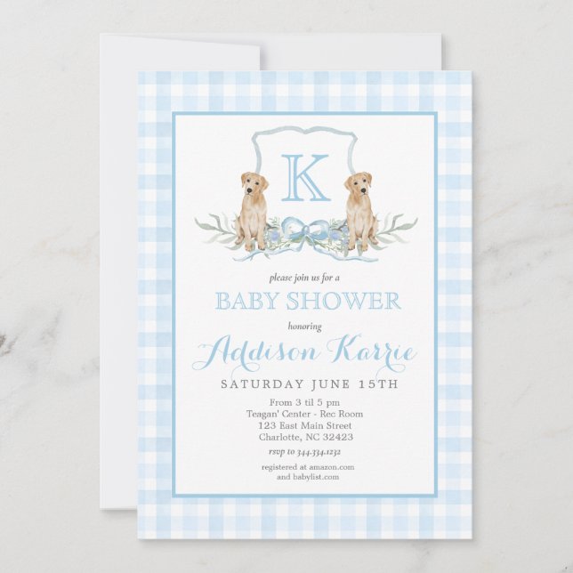 Preppy Dog Gingham Wappen Baby Shower Einladung (Vorderseite)