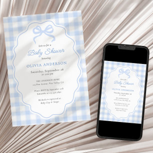 Preppy Doodle Rahmen Blau Gingham & Schleife Baby Einladung