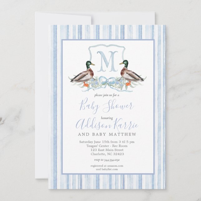 Preppy Duck Gingham Wappen Baby Shower Einladung (Vorderseite)