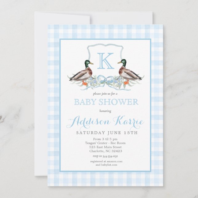 Preppy Duck Gingham Wappen Baby Shower Einladung (Vorderseite)