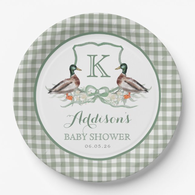 Preppy Duck Gingham Wappen Baby Shower Einladung Pappteller (Vorderseite)