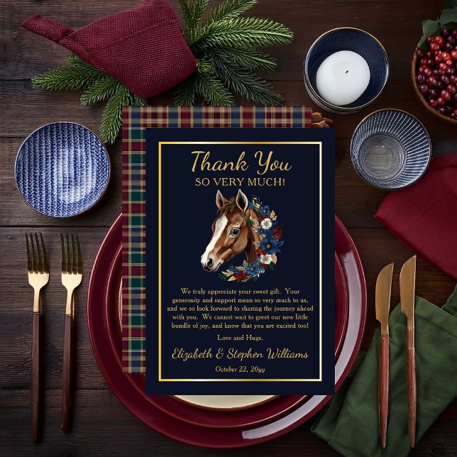 Preppy Equestrier Foal Floral Flal Danke Karte (Charming Classic Preppy Equestrian Foal and Floral Wreath | Plaid Boy Baby Shower Thank You Card)
