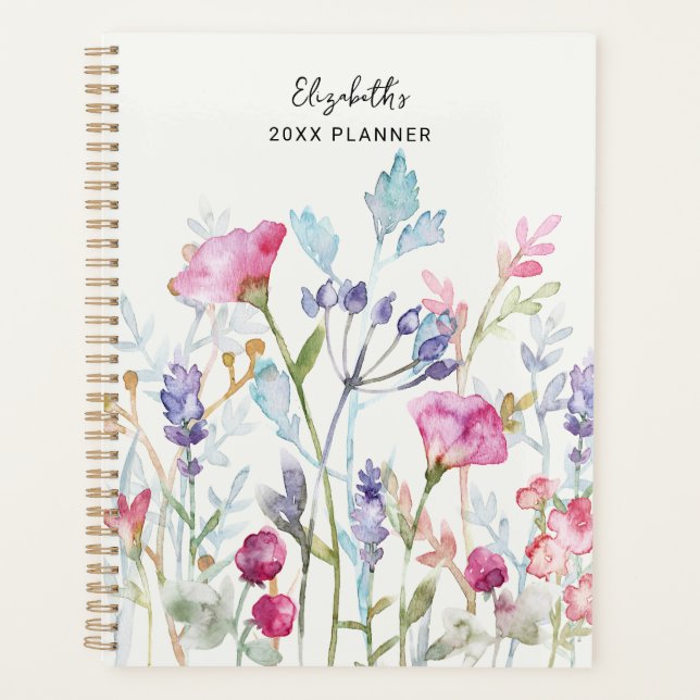 Preppy Esthetic Watercolor Floral Custom Name Planer (Vorderseite)