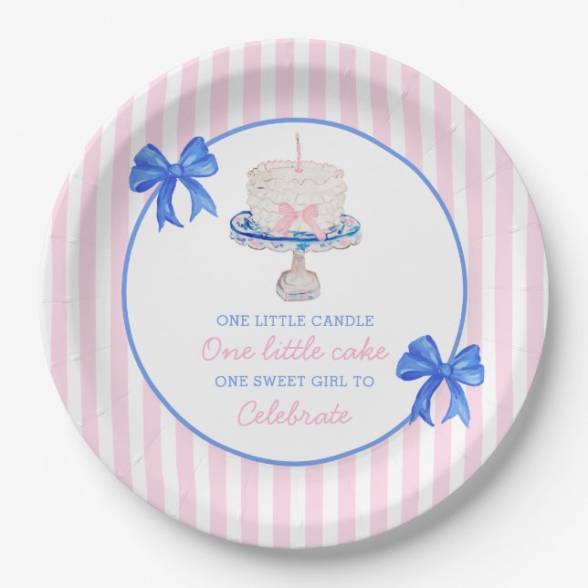 Preppy First Birthday Chinoiserie Ruffle Cake Bows Pappteller (Vorderseite)