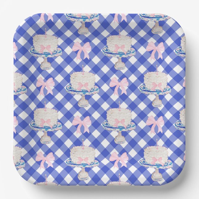 Preppy First Birthday Chinoiserie Ruffle Cake Bows Pappteller (Vorderseite)