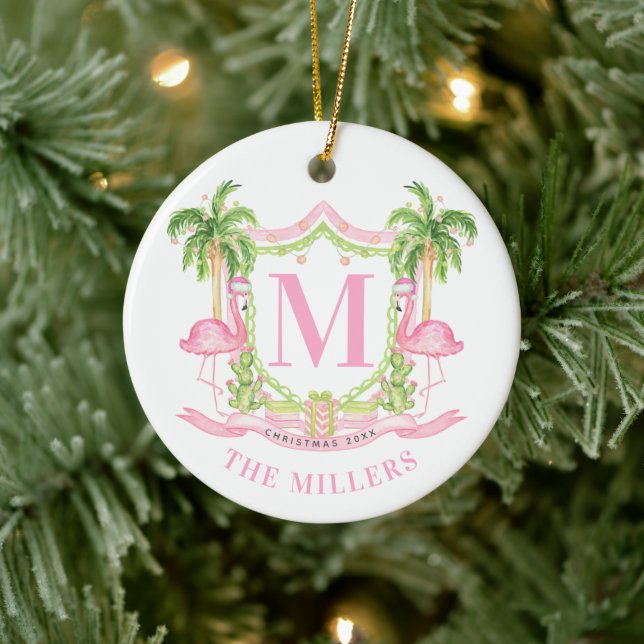 Preppy Flamingo Christmas Crest Keramik Ornament (Baum)