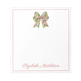 Preppy Floral Pink and Green Bow Personalized Notizblock