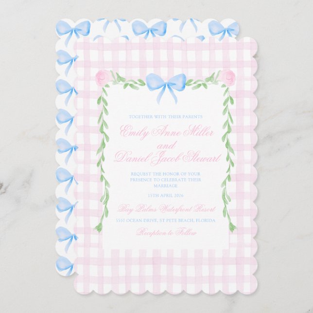 Preppy Floral Watercolor Bow Wedding Einladung (Vorne/Hinten)