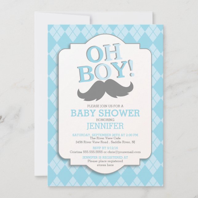 Preppy Fun OH BOY Mustache Baby Dusche Einladung (Vorderseite)