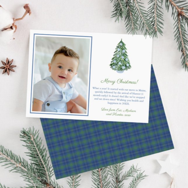 Preppy Ginger Jar Ornaments Frohe Weihnachts-Foto Feiertagskarte (Elegant chinoiserie christmas tree photo holidays card with blue green tartan reverse)