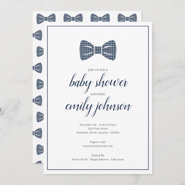 Preppy Gingham Bow Krawatte Baby Boy Shower Einlad Einladung (Vorne/Hinten)