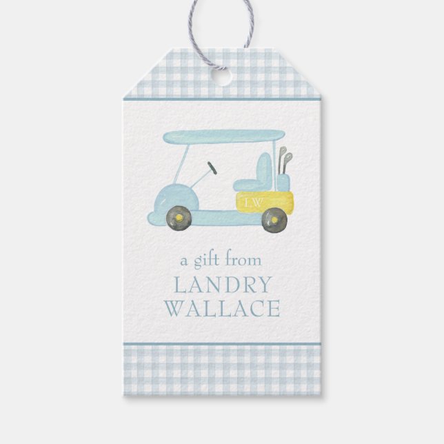 Preppy Gingham Watercolor Blue Monogram Golf Cart Geschenkanhänger (Vorderseite)