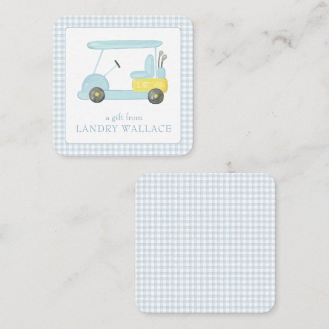 Preppy Gingham Watercolor Blue Monogram Golf Cart Mitteilungskarte (Vorne/Hinten)