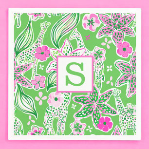 Preppy Giraffen Lily Pink Green Monogram Serviette
