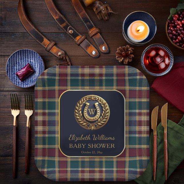 Preppy Gold Horseshoe Monogram Blue Baby Shower Pappteller (Equestrian Emblem Monogram Preppy Navy Blue and Plaid Boy Baby Shower Square Paper Plates)