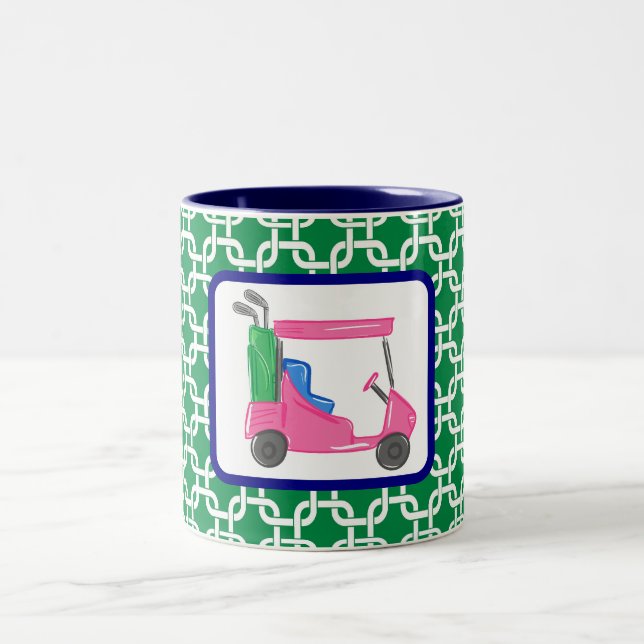 Preppy Golf Cart Green White Link Muster Golfer Zweifarbige Tasse (Mittel)