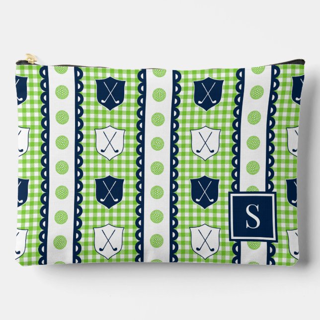 Preppy Golf Crest Gingham - Limette & Navy Zubehörtasche (Vorderseite)