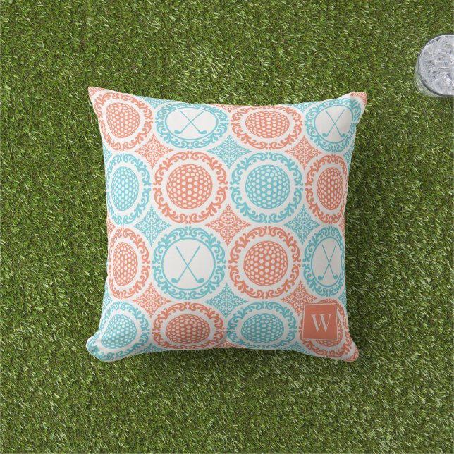 Preppy Golf Damask - Balls & Clubs Coral Turquoise Kissen (Golfball-Marker)