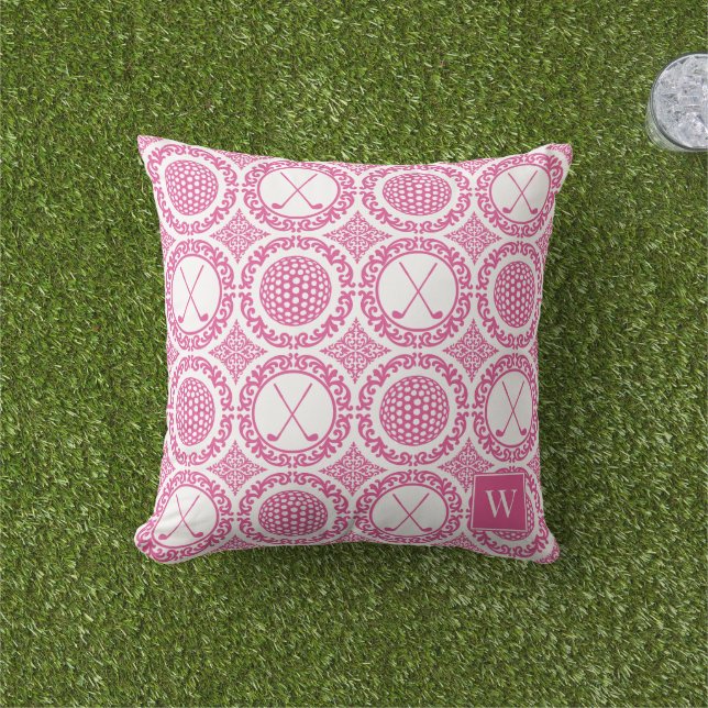 Preppy Golf Damask - Balls & Clubs in Hot Pink Kissen (Golfball-Marker)