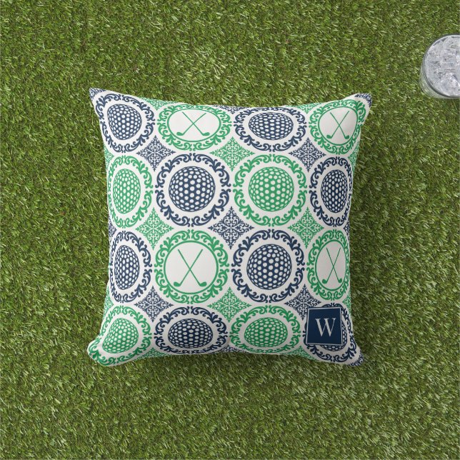 Preppy Golf Damask - Balls & Clubs in Navy & Green Kissen (Golfball-Marker)